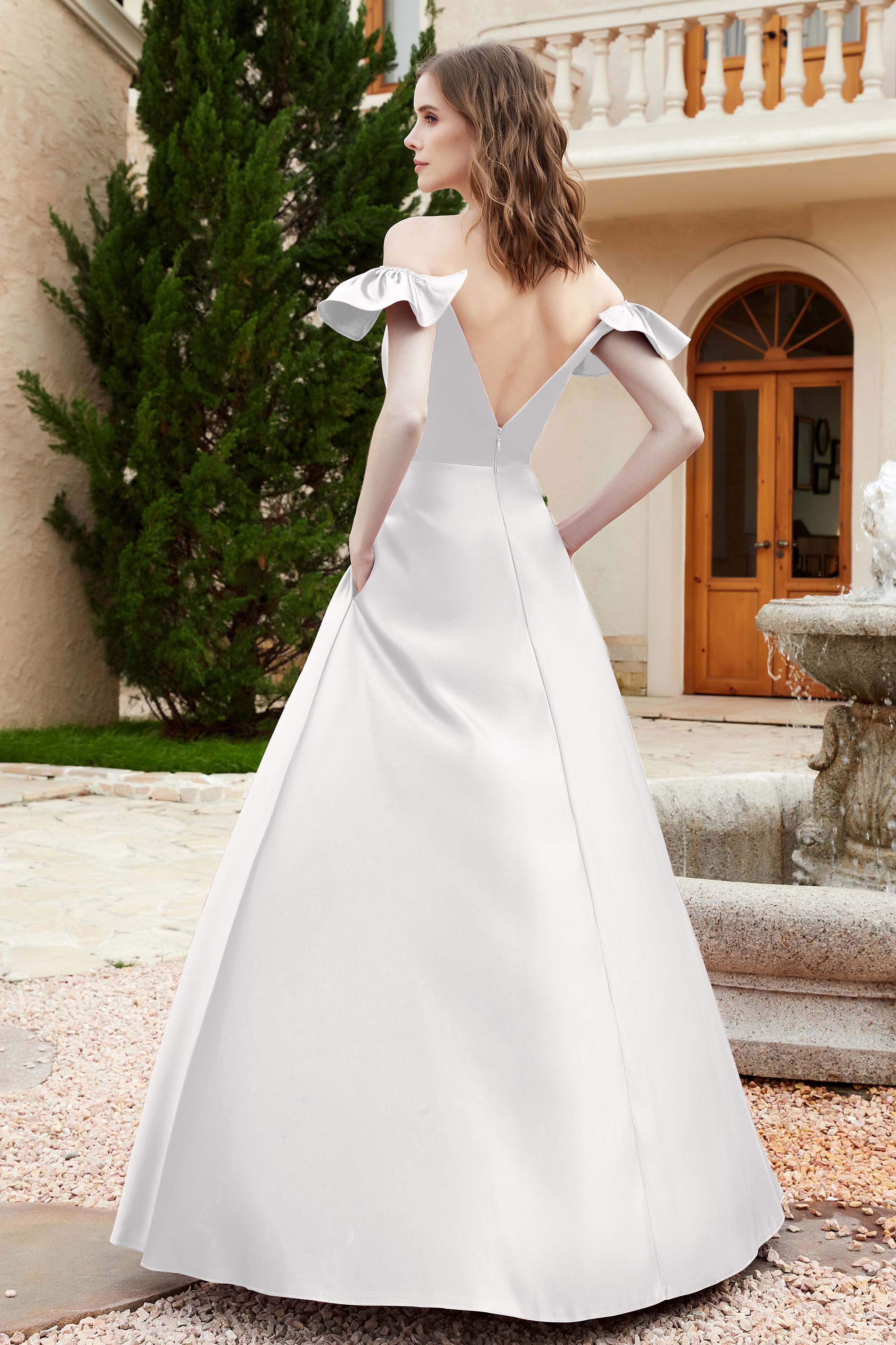 Off the Shoulder Satin Bridesmaid Dress with Pockets Formal Evening Prom Dresses with Slit