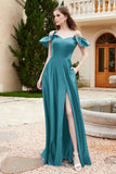 Off the Shoulder Satin Bridesmaid Dress with Pockets Formal Evening Prom Dresses with Slit
