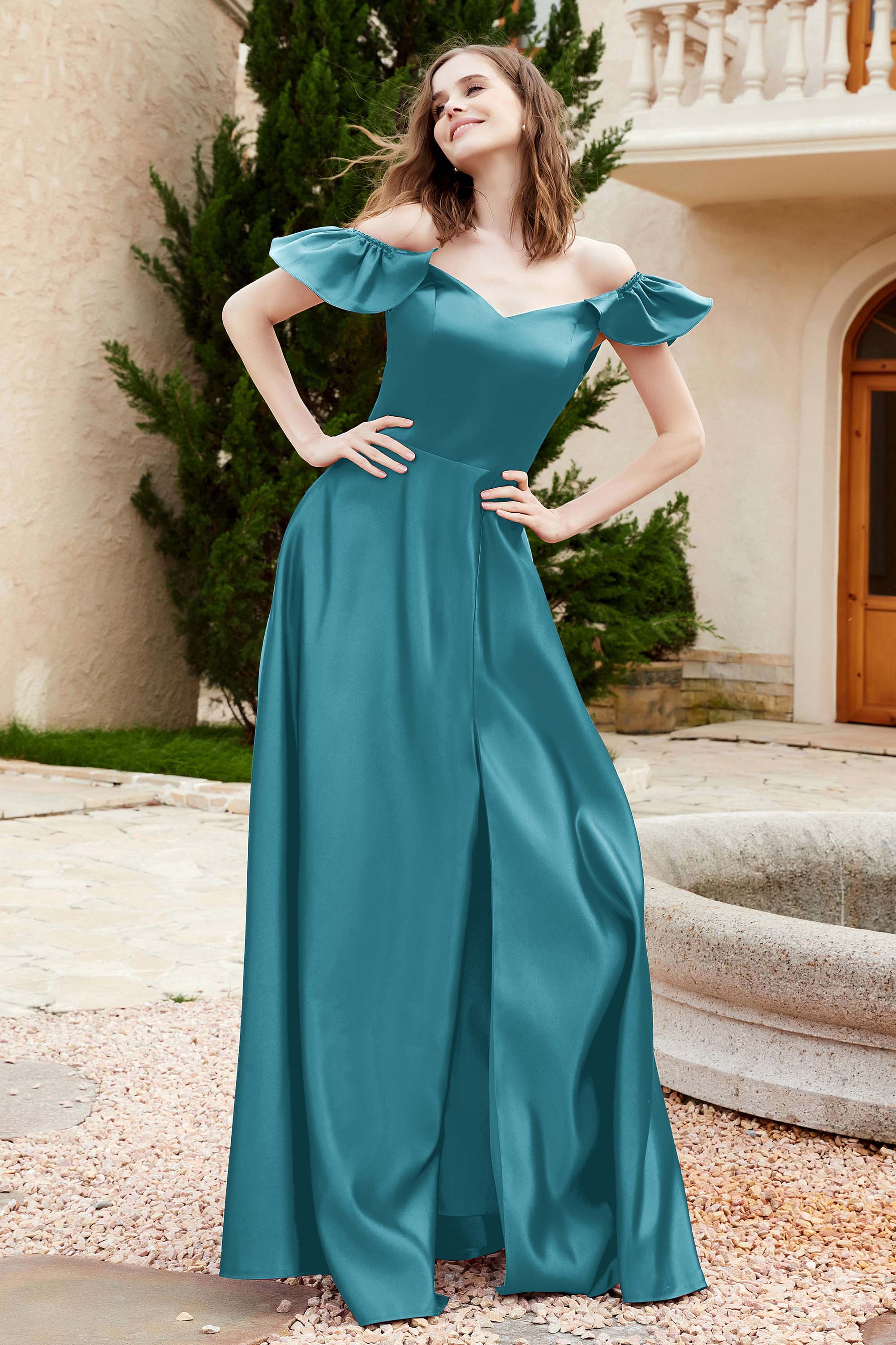 Off the Shoulder Satin Bridesmaid Dress with Pockets Formal Evening Prom Dresses with Slit