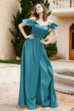 Off the Shoulder Satin Bridesmaid Dress with Pockets Formal Evening Prom Dresses with Slit