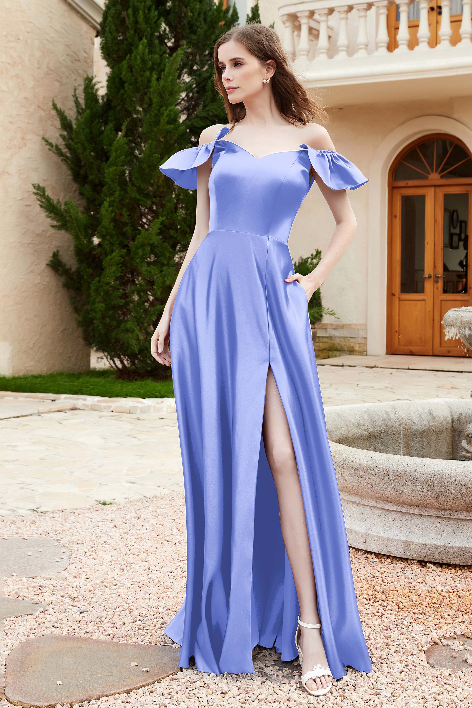 Off the Shoulder Satin Bridesmaid Dress with Pockets Formal Evening Prom Dresses with Slit