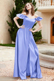 Off the Shoulder Satin Bridesmaid Dress with Pockets Formal Evening Prom Dresses with Slit