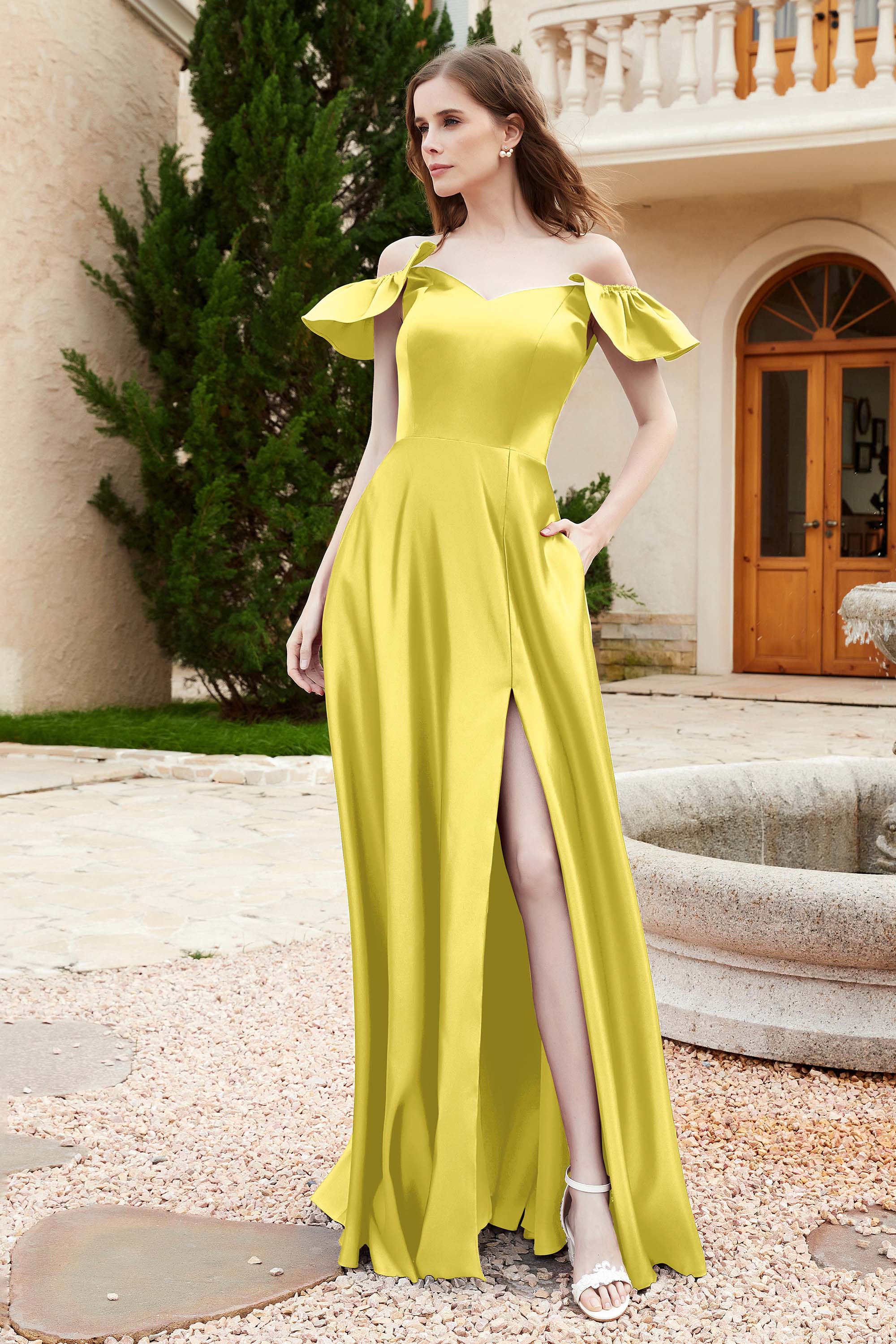 Off the Shoulder Satin Bridesmaid Dress with Pockets Formal Evening Prom Dresses with Slit