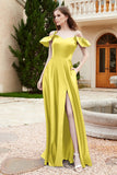 Off the Shoulder Satin Bridesmaid Dress with Pockets Formal Evening Prom Dresses with Slit