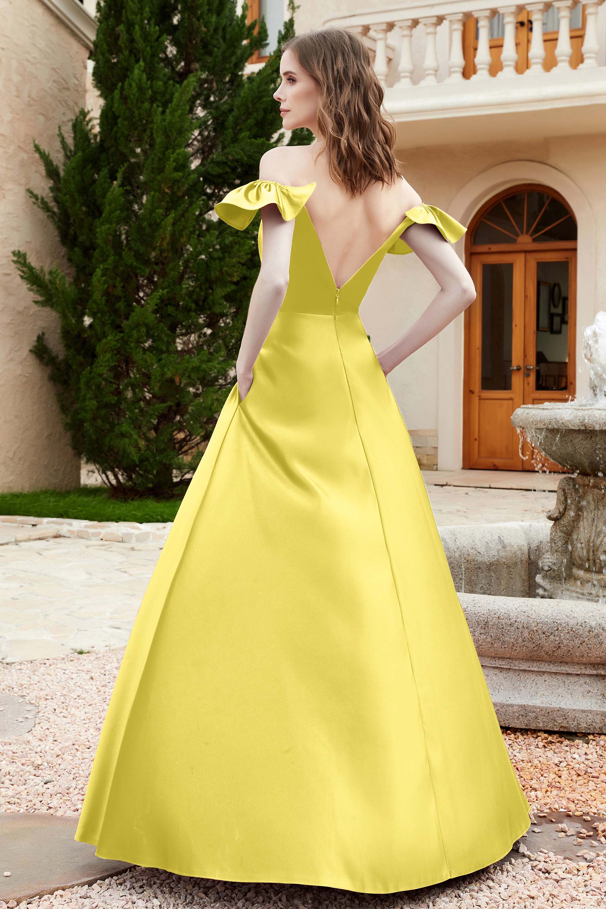 Off the Shoulder Satin Bridesmaid Dress with Pockets Formal Evening Prom Dresses with Slit