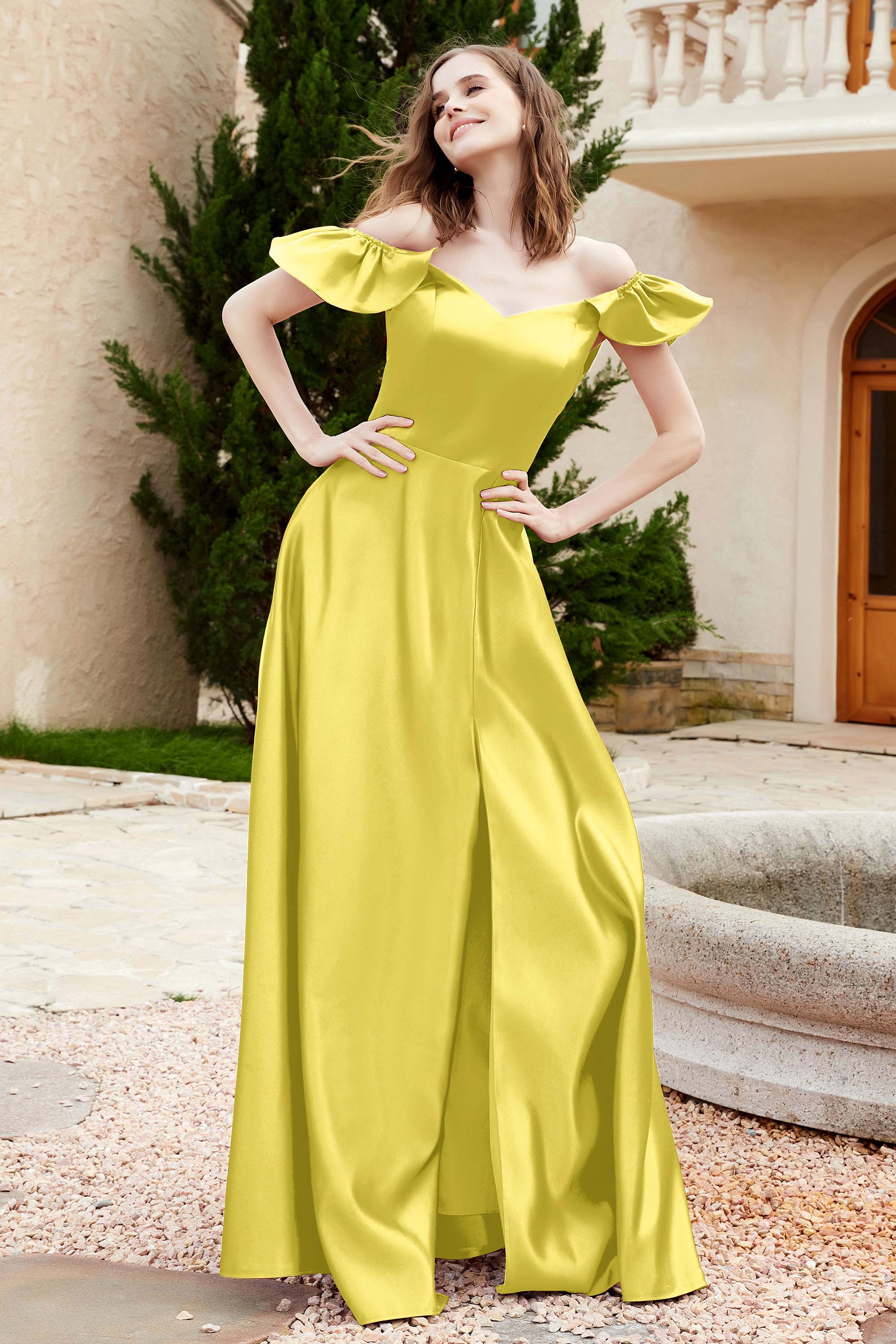 Off the Shoulder Satin Bridesmaid Dress with Pockets Formal Evening Prom Dresses with Slit