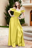 Off the Shoulder Satin Bridesmaid Dress with Pockets Formal Evening Prom Dresses with Slit