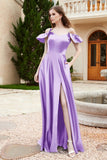 Off the Shoulder Satin Bridesmaid Dress with Pockets Formal Evening Prom Dresses with Slit