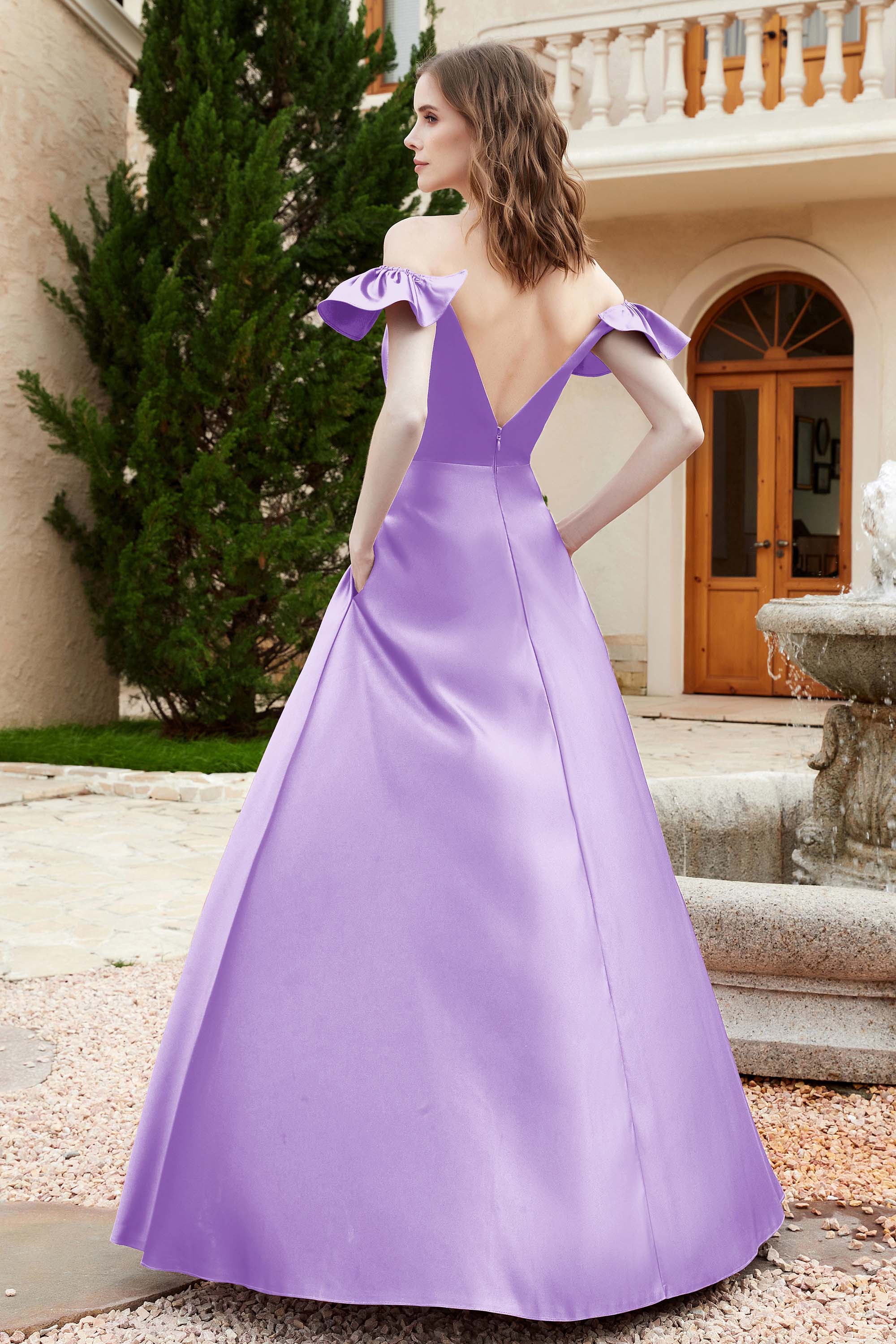 Off the Shoulder Satin Bridesmaid Dress with Pockets Formal Evening Prom Dresses with Slit