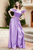 Off the Shoulder Satin Bridesmaid Dress with Pockets Formal Evening Prom Dresses with Slit