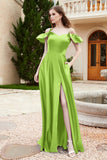 Off the Shoulder Satin Bridesmaid Dress with Pockets Formal Evening Prom Dresses with Slit