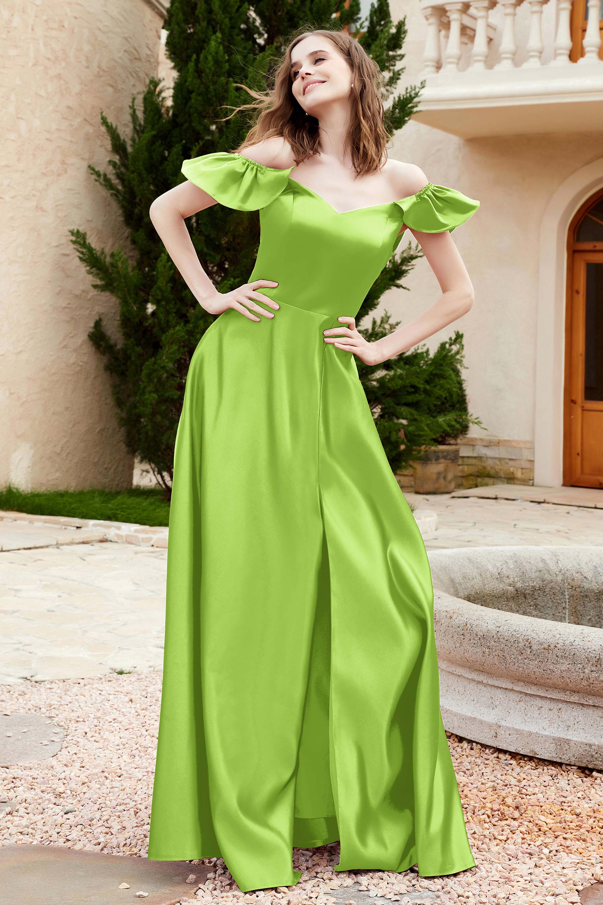 Off the Shoulder Satin Bridesmaid Dress with Pockets Formal Evening Prom Dresses with Slit