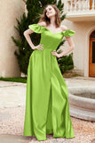 Off the Shoulder Satin Bridesmaid Dress with Pockets Formal Evening Prom Dresses with Slit