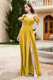Off the Shoulder Satin Bridesmaid Dress with Pockets Formal Evening Prom Dresses with Slit