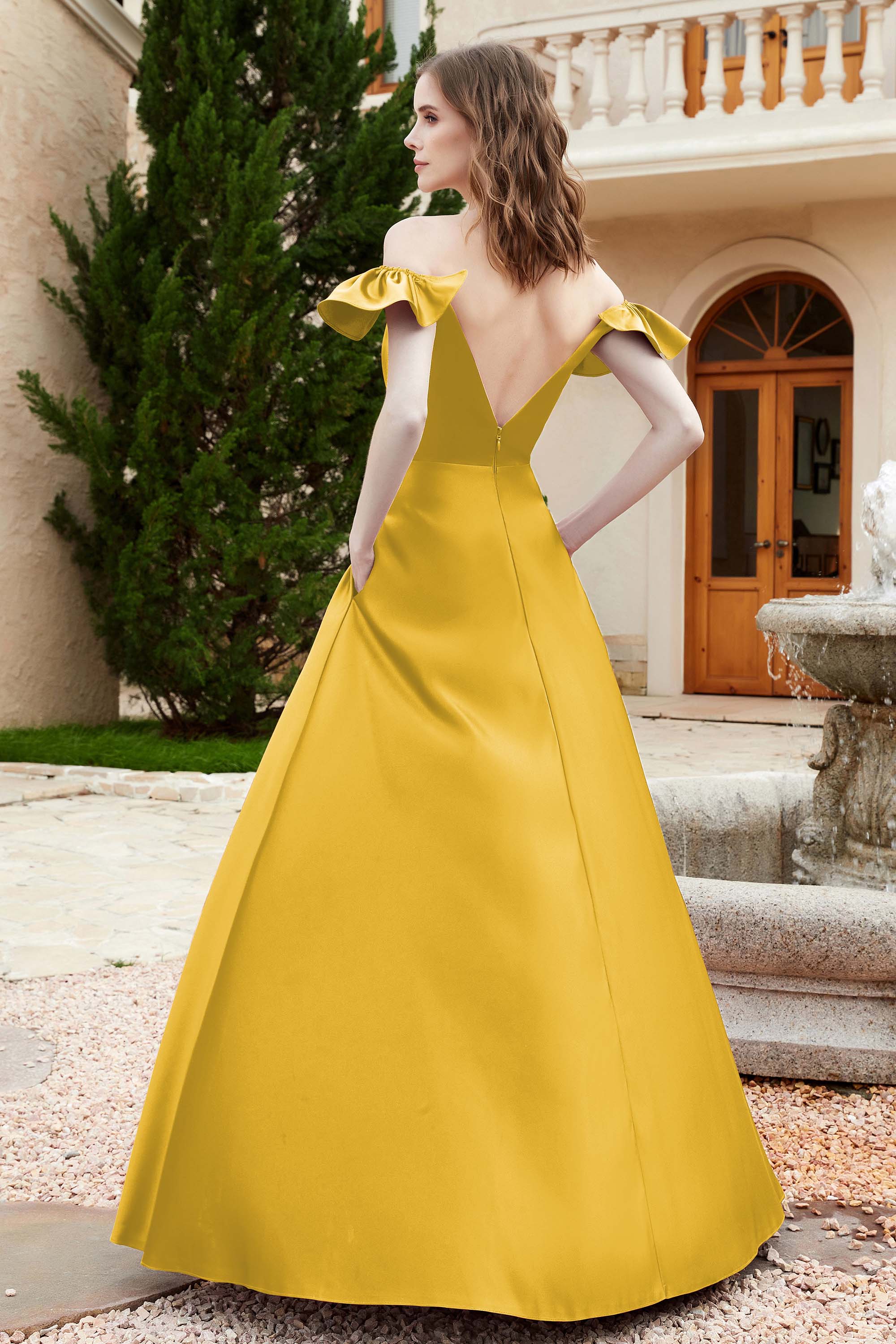 Off the Shoulder Satin Bridesmaid Dress with Pockets Formal Evening Prom Dresses with Slit