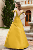 Off the Shoulder Satin Bridesmaid Dress with Pockets Formal Evening Prom Dresses with Slit