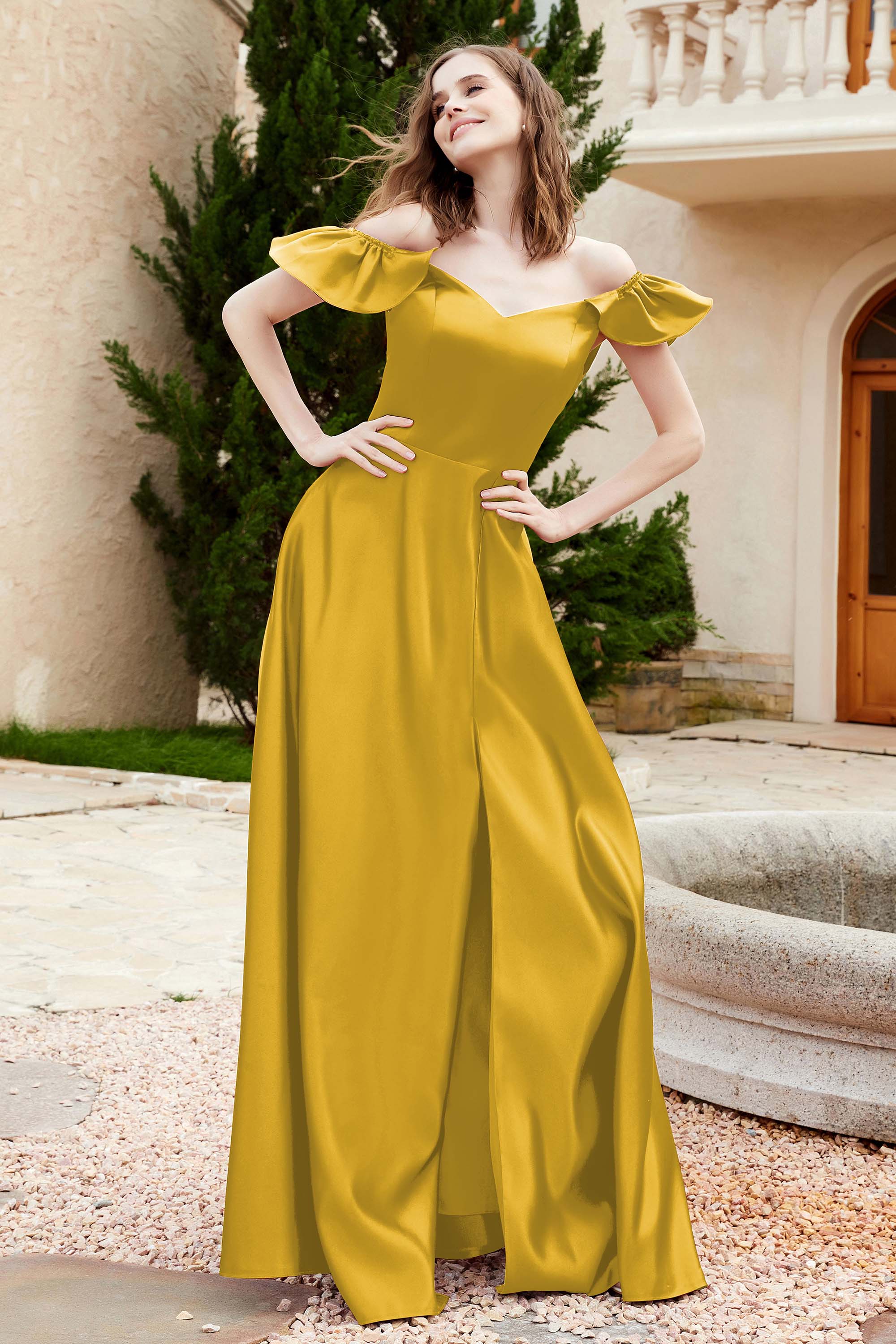 Off the Shoulder Satin Bridesmaid Dress with Pockets Formal Evening Prom Dresses with Slit