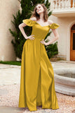 Off the Shoulder Satin Bridesmaid Dress with Pockets Formal Evening Prom Dresses with Slit