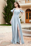 Off the Shoulder Satin Bridesmaid Dress with Pockets Formal Evening Prom Dresses with Slit
