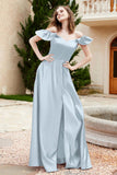 Off the Shoulder Satin Bridesmaid Dress with Pockets Formal Evening Prom Dresses with Slit