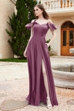 Off the Shoulder Satin Bridesmaid Dress with Pockets Formal Evening Prom Dresses with Slit