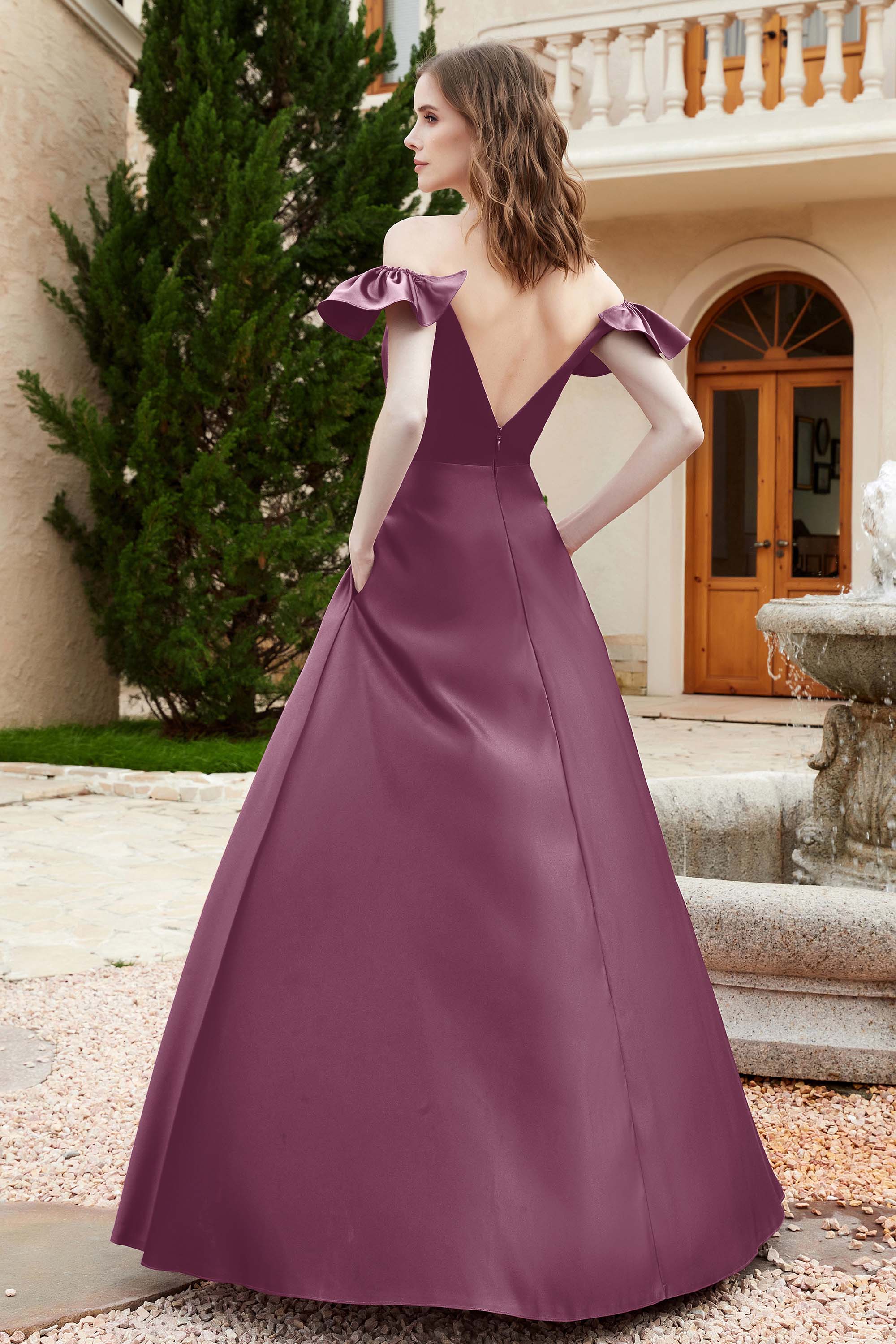Off the Shoulder Satin Bridesmaid Dress with Pockets Formal Evening Prom Dresses with Slit