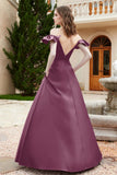 Off the Shoulder Satin Bridesmaid Dress with Pockets Formal Evening Prom Dresses with Slit