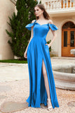 Off the Shoulder Satin Bridesmaid Dress with Pockets Formal Evening Prom Dresses with Slit