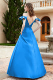Off the Shoulder Satin Bridesmaid Dress with Pockets Formal Evening Prom Dresses with Slit