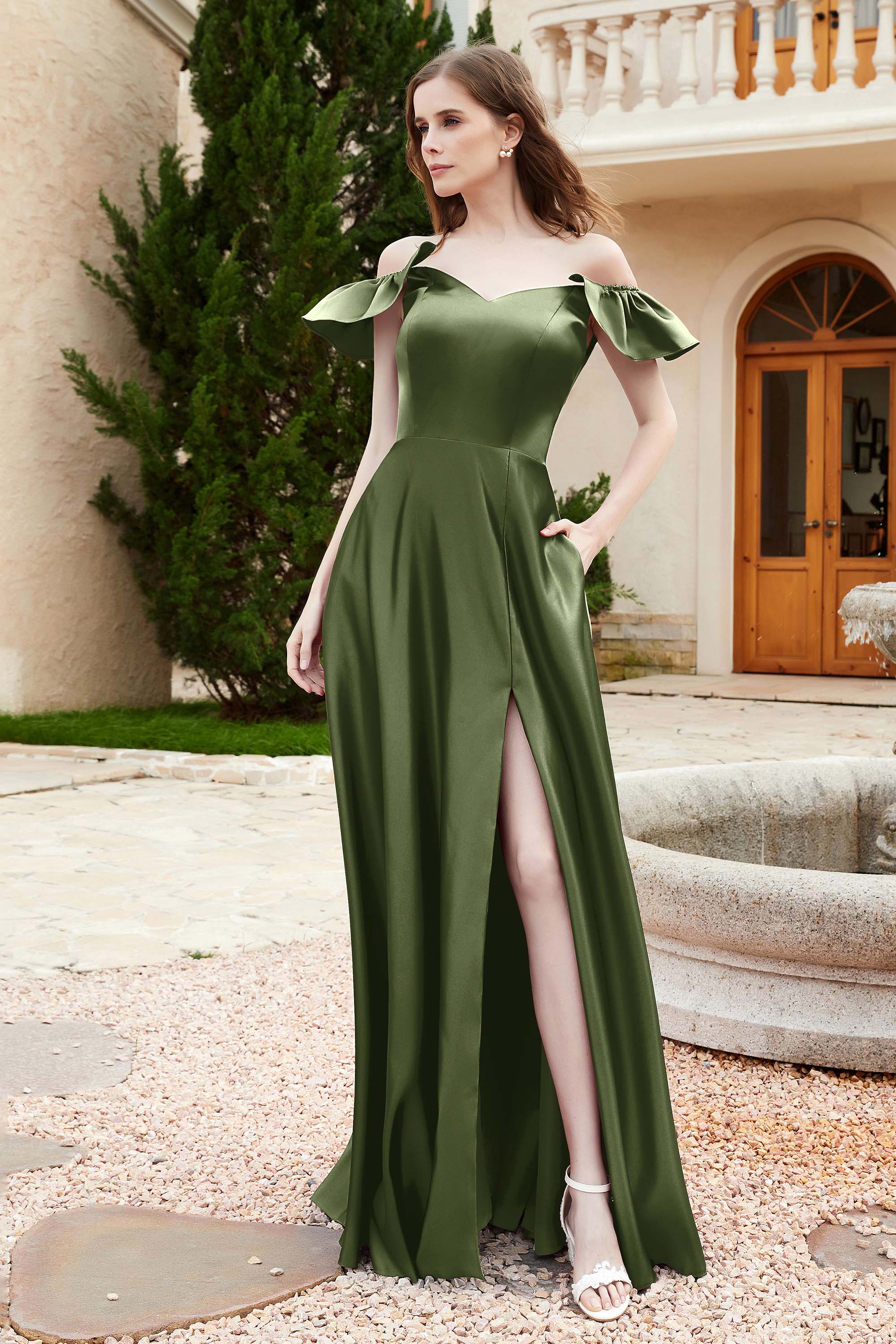 Off the Shoulder Satin Bridesmaid Dress with Pockets Formal Evening Prom Dresses with Slit