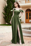 Off the Shoulder Satin Bridesmaid Dress with Pockets Formal Evening Prom Dresses with Slit