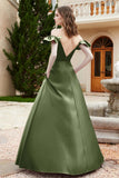 Off the Shoulder Satin Bridesmaid Dress with Pockets Formal Evening Prom Dresses with Slit