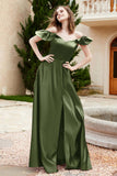 Off the Shoulder Satin Bridesmaid Dress with Pockets Formal Evening Prom Dresses with Slit