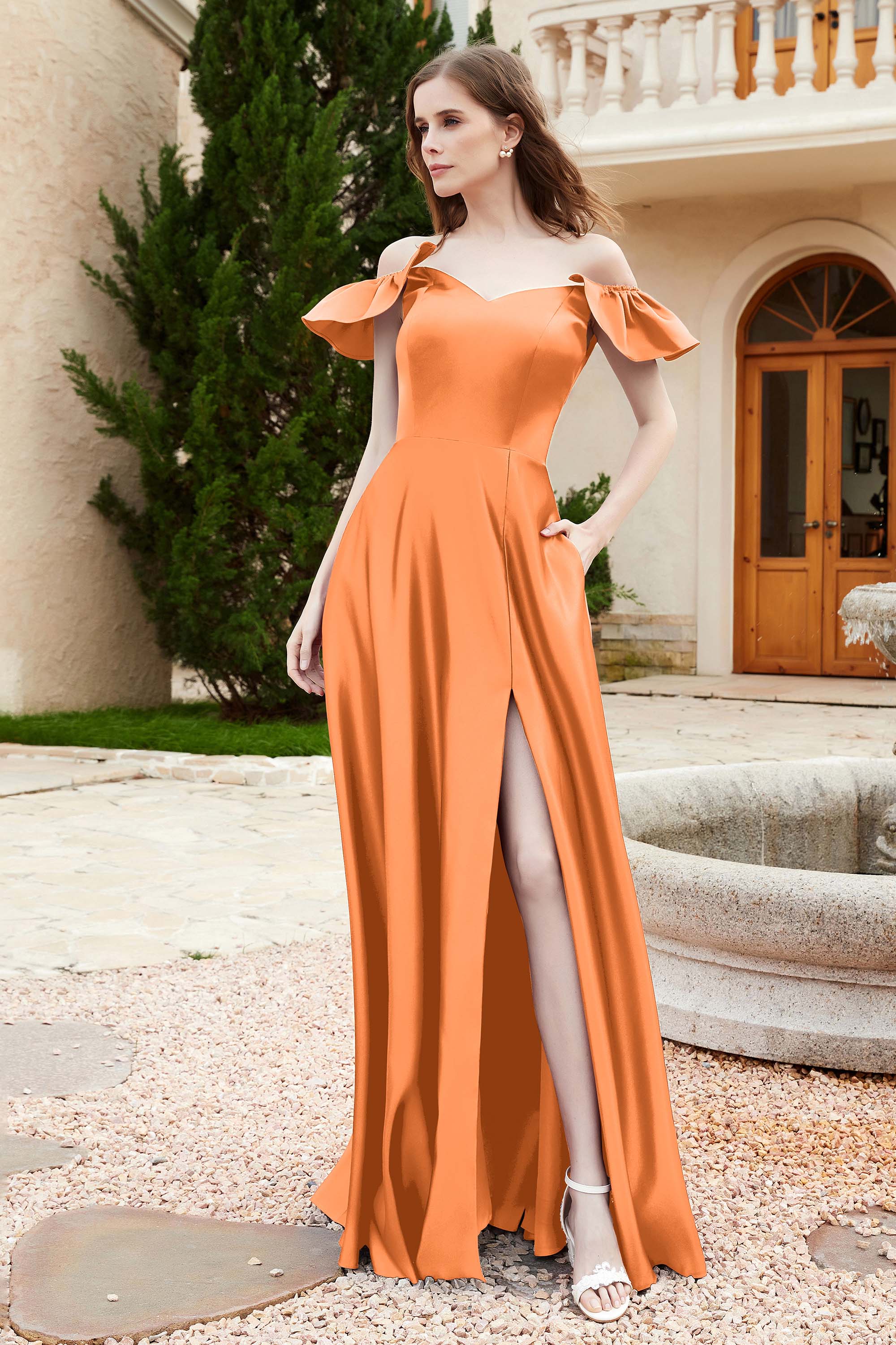 Off the Shoulder Satin Bridesmaid Dress with Pockets Formal Evening Prom Dresses with Slit