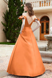 Off the Shoulder Satin Bridesmaid Dress with Pockets Formal Evening Prom Dresses with Slit