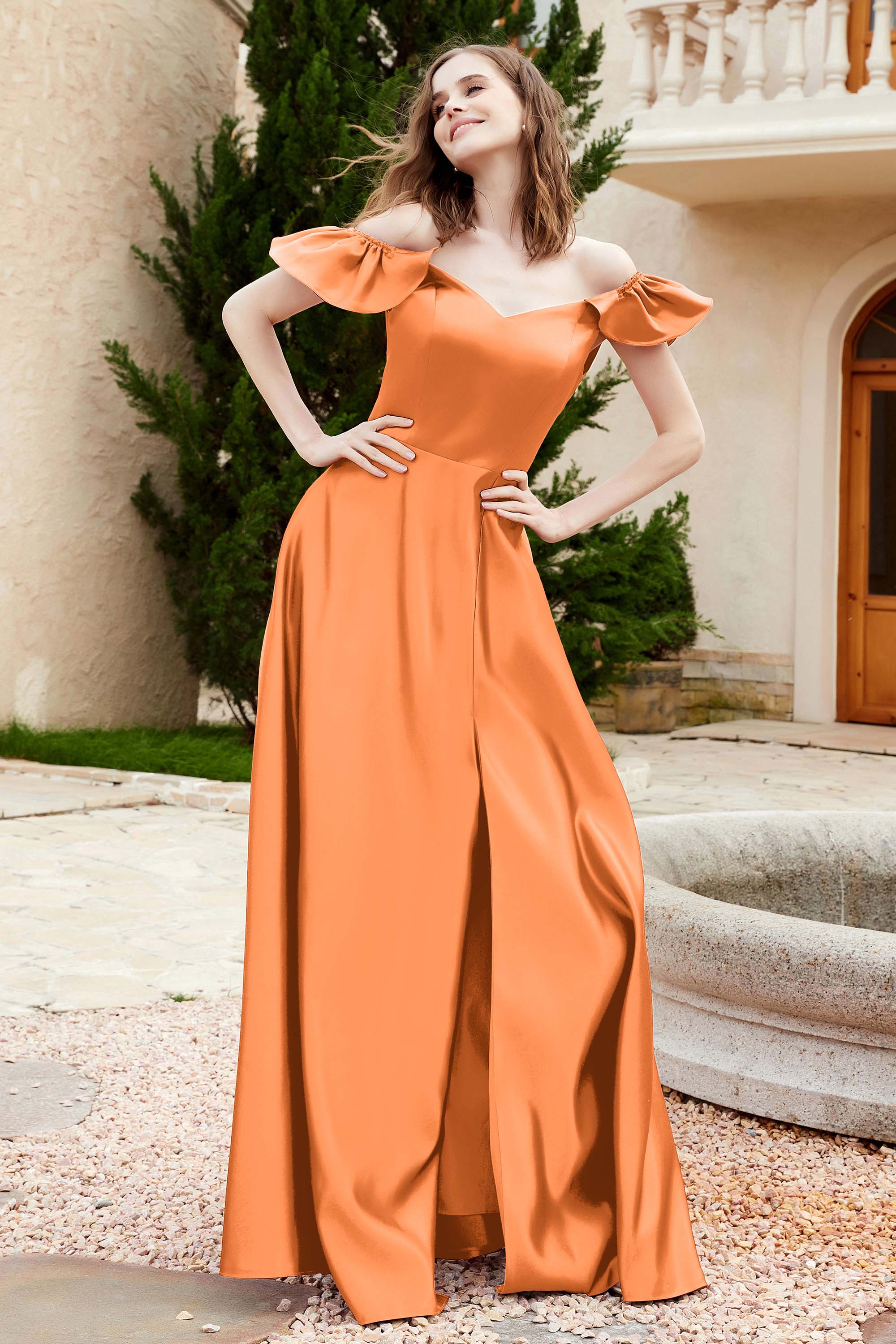 Off the Shoulder Satin Bridesmaid Dress with Pockets Formal Evening Prom Dresses with Slit