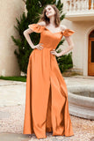 Off the Shoulder Satin Bridesmaid Dress with Pockets Formal Evening Prom Dresses with Slit