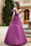 Off the Shoulder Satin Bridesmaid Dress with Pockets Formal Evening Prom Dresses with Slit