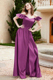 Off the Shoulder Satin Bridesmaid Dress with Pockets Formal Evening Prom Dresses with Slit