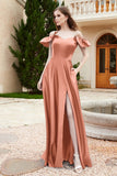 Off the Shoulder Satin Bridesmaid Dress with Pockets Formal Evening Prom Dresses with Slit