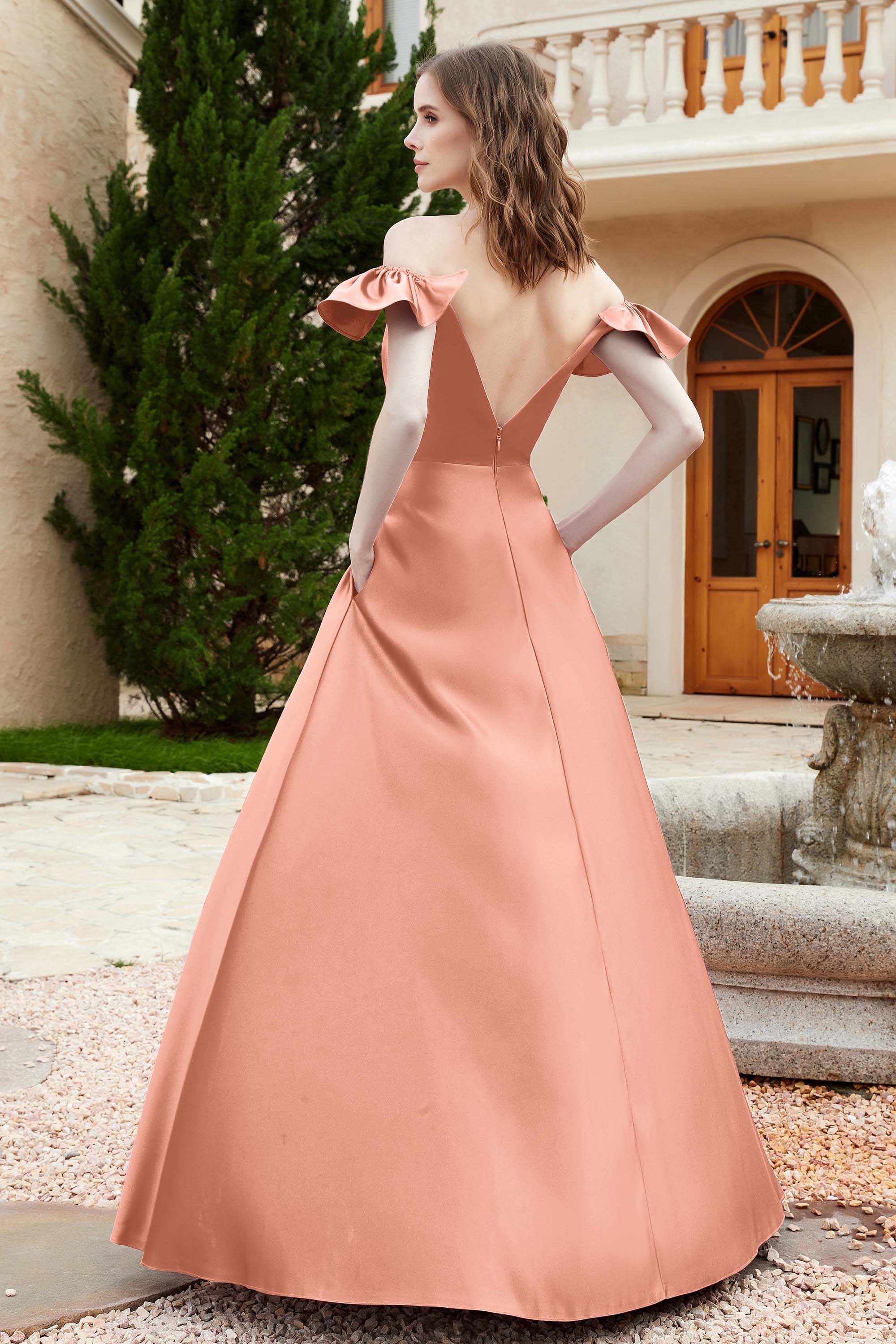 Off the Shoulder Satin Bridesmaid Dress with Pockets Formal Evening Prom Dresses with Slit