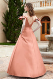 Off the Shoulder Satin Bridesmaid Dress with Pockets Formal Evening Prom Dresses with Slit