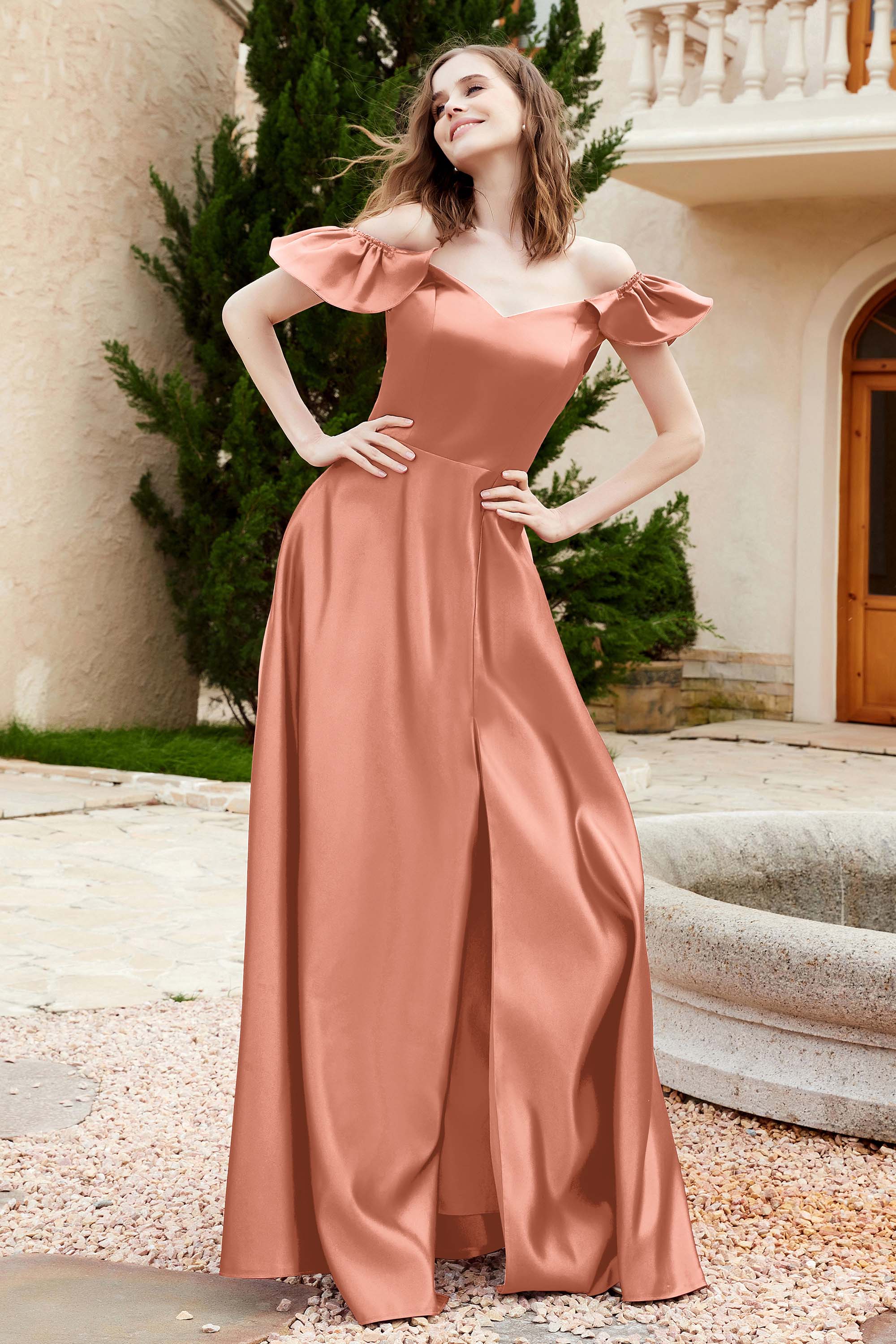 Off the Shoulder Satin Bridesmaid Dress with Pockets Formal Evening Prom Dresses with Slit