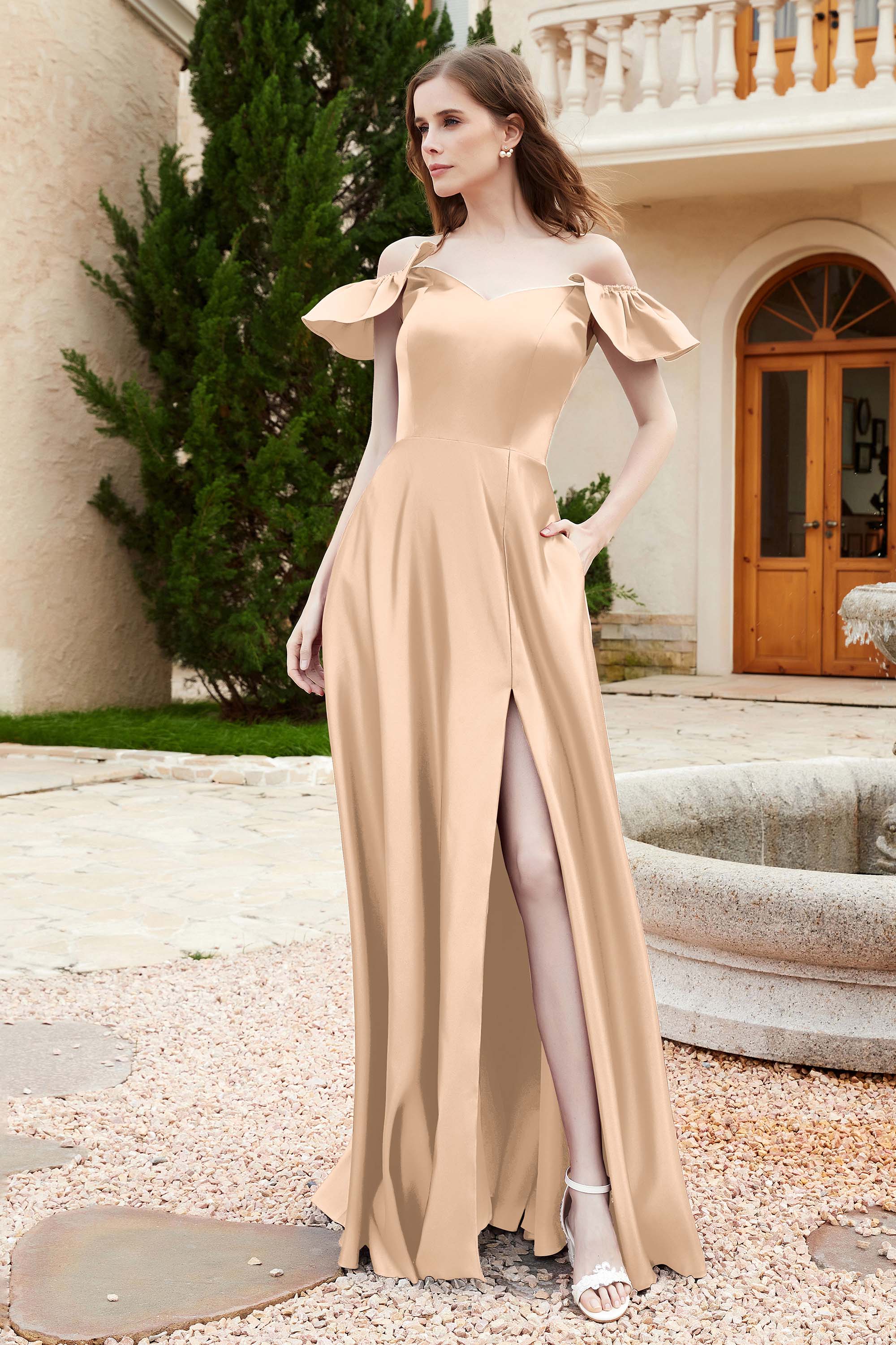 Off the Shoulder Satin Bridesmaid Dress with Pockets Formal Evening Prom Dresses with Slit