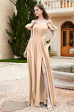Off the Shoulder Satin Bridesmaid Dress with Pockets Formal Evening Prom Dresses with Slit