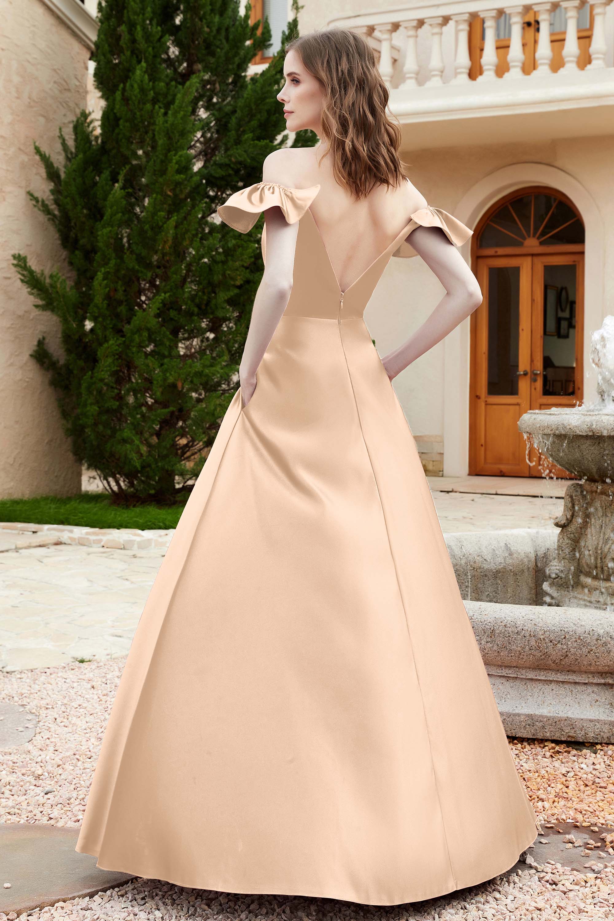 Off the Shoulder Satin Bridesmaid Dress with Pockets Formal Evening Prom Dresses with Slit