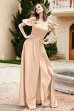 Off the Shoulder Satin Bridesmaid Dress with Pockets Formal Evening Prom Dresses with Slit