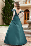 Off the Shoulder Satin Bridesmaid Dress with Pockets Formal Evening Prom Dresses with Slit