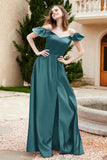 Off the Shoulder Satin Bridesmaid Dress with Pockets Formal Evening Prom Dresses with Slit