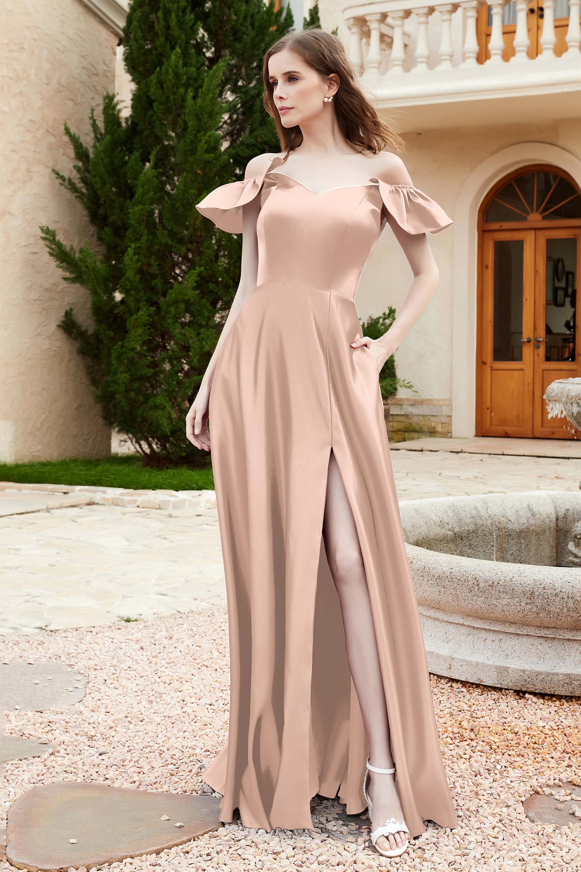 Off the Shoulder Satin Bridesmaid Dress with Pockets Formal Evening Prom Dresses with Slit